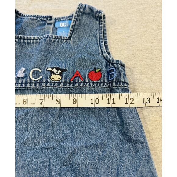 Vintage Girls OCI Denim ABC School Jumper Dress Size 4 Embroidered Apple Cow Bow - Picture 2 of 3